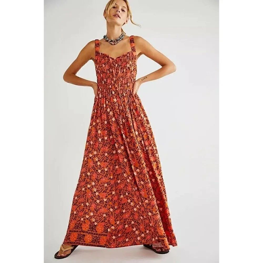 NWT FREE PEOPLE Sz S GLOW UP MAXI DRESS IN BURNT ORANGE